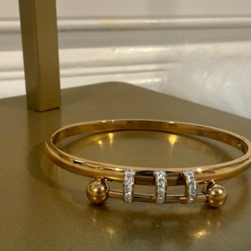 Stainless Steel Gold Plated With CZ Crystal Accent Bangle Bracelet